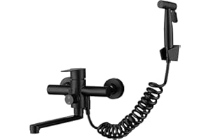 HomeLava Robinet de cuisine mural avec pistolet pulvérisateur Rotatif 360 ° Classique Mitigeur Cuisine d'évier mural Robinetterie en Acier Inoxydable Brossé Bec 230 mm, Noir