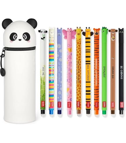 Trousse Peluche + 5 Stylos Gel Effaçables Legami - Motifs Animaux Mignons - Encre Thermosensible - Cadeau Créatif - 5
