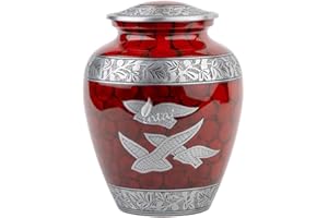 INTAJ Royal Silver Urne funéraire pour cendres humaines – Urne funéraire pour adultes fabriquée à la main – Urne funéraire abordable pour cendres – Grande urne (rouge royal avec ailes, adulte)