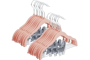 MangoKit Cintres pour Enfants avec Pinces Mobiles，Set of 16 Baby Velvet Hangers ，Non- Slip Kids Clothes Hangers, 0.5 CM Thick Ultra-Thin Space-Saving for Pants, Skirts, Dresses(30cm,Rose)