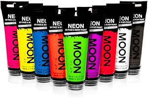 Moon Glow Supersize 75 ml Neon-UV-Gesichts- und Körperfarbe – Set mit 9 Tuben – mit Schwammapplikator