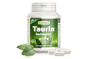 ‎GREENFOOD Taurin, hochdosiert, 500mg - 120 Kapseln, vegan. Taurin – bekannt aus Energy-Drinks. OHNE künstliche Zusätze - laborgeprüft. Von Greenfood.