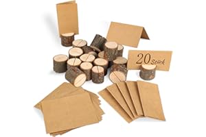 XIEJ 20 Stück Tischkartenhalter Holz + 25 Stück Karte aus Kraftpapier, Kartenhalter Holz, Platzkartenhalter Memohalter Holz, Fotohalter Tischkartenhalter Rustikale, Holz Kartenhalter für Hochzeit Deko
