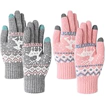 Handschuhe Damen FUKPO 2 Paare Warm Winter Gefüttert, Winter Strickhandschuhe Touchscreen Rosa Grau, Warme Handschuhe Thermo Mit Weihnachten Rentier Muster Winter Gadgets
