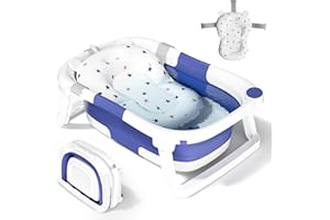 COOSEYA Vaschetta da Bagno Pieghevole, Vaschetta da Bagno Essenziale per Neonati e Bambini, Vaschetta da Bagno Portatile con Tappetino Antiscivolo, Foro di Drenaggio (Blu + Tappetino da Bagno)