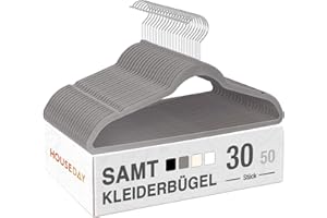 ‎HOUSE DAY HOUSE DAY Kleiderbügel Samt 30er Set, Kleiderbügel Platzsparend, Bügel rutschfest und Samtbügel Schmal mit 360° Drehbarer Haken, für Hemden, Anzüge, Mäntel, Pullover, Hosen, Dunkles Grau