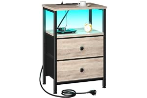 AMHANCIBLE Sängbord med LED-lampor, soffbord med laddningsstation, 3-stegs sidobord med 2 tyglådor, nattduksbord av trä med ö