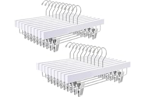 Amber Home 20 Unidades 35,5cm Perchas de Madera Blanco, Robusta y Brillante Percha para Pantalones Shorts Faldas Calcetines y Ropa Interior, con Clips Antideslizantes y Ganchos Giratorios