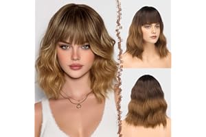 FESHFEN Noir à Brun Perruque Ondulés avec Frange Perruques Bob Nuturelle Longue Cheveux Synthétique Perruque pour Femmes 35cm