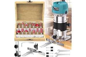 BLOMISE Palm Router Tool, 800W 30000Rpm Electric Woodworking Hand Router with Trimmer Base & 15Pcs 1/4"(6.35mm) Router Bits Set, 220V Wood Trimmer Router with 6 Variable Speeds