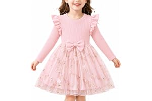 JinBei Klänning för flickor långärmade tutu-prinsessklänningar, 2–7 år | Rund hals, med volanger, mjuk bekväm ribbstickad T-shirt för barn, fest, ceremoni, bröllop, kväll, avslappnad