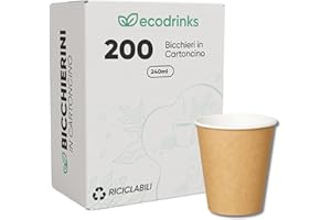 ecodrinks - 200 Bicchieri Carta Avana 240ml - Per Acqua, Cocktail, Bevande Calde e Fredde - Biodegradabili, Eco-friendly e Made in Italy