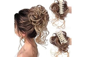 BLOGIIUP Curly Bun Hair Piece Bun Hair Clip Messy Bun Hair Piece Claw Clip Tousled Updo Hair Buns Hairpiece Extensions Curly Faux Bun Hair Pieces for Women Mixed Brown