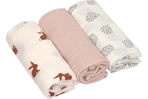 Lässig Puck Manta de bebé pañales Muselina Set de 3 Piezas algodón 60 x 60 cm/Swaddle & Burp Blanket M Little Forest Rabbit