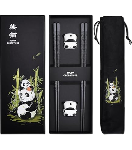 Achkey 2 paar eetstokjes met 2 Chinese panda-keramische staafjeshouders, herbruikbare glasvezel, vaatwasmachinebestendige eetstokjes, 24 cm antislip stokjes in bijpassende geschenkdoos