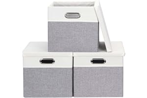 Febzoce Aufbewahrungsbox mit Deckel Faltbarer Stoff Aufbewahrungswürfel Korb Mülleimer Hellgrau/Weiß, Quadratisch, 30 x 30 x 30 cm, 3 Stück