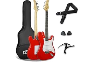3rd Avenue XF Paquete Básico Para Principiantes De Guitarra Eléctrica 4/4 De Tamaño Completo Con Bolsa, Correa, Púas Y Cejilla, Color Rojo