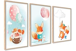 ag.art deco Quadri Cameretta Bambino 50x70 cm | Accessori Cameretta Bambina o Cameretta Neonato | Set di 3 Poster Bambini senza Cornice (Volpe & Palloncini)