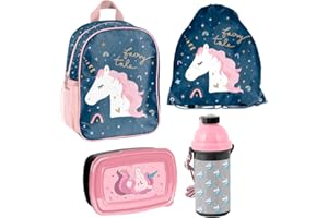 FAMILANDO Unicorn Be Magical - Mochila infantil (4 piezas, incluye fiambrera, botella y bolsa de gimnasia)