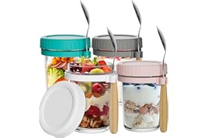 HYCKee 4 Pack Glass Overnight Oats Jars with Lids and Spoons 12oz/350ml Mason Jars for Overnight Oats Containers Mason Jar Meal Prep Jar for Cereal Fruit Vegetable Milk Salad Yogurt