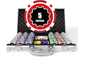 HEITOK Pokerchips mit Wertangaben, 300-teiliges Set mit 11,5 g schweren Casinochips, nummeriert, inkl. 5 Würfel, 2 Kartendecks und kompakter Aluminium-Box – ideal für Texas Hold'em und Blackjack.