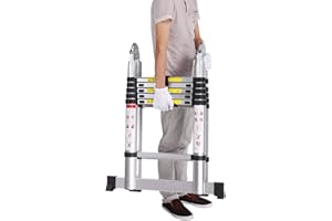 WEISI 5M Alu Teleskopleiter Klappleiter Ausziehleiter Mehrzweckleiter Anlegeleiter aus hochwertigem Alu Teleskop-Design 150 kg Belastbarkeit, 8X8 Sprossen
