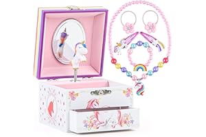MS. WENNY Girl's Musical Jewelry Storage Box with Spinning Unicorn & Pullout Drawer, Kids Musical Jewelry Box with Jewelry Set, Glitter Stars and flower Design, Gift for Girls, The Unicorn Tune