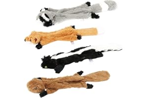 Augot Juguetes para Perros Cachorros, 4 Unidades Sin Relleno Juguetes para Perros Seguros y No Tóxicos Juguetes Perro Duraderos Peluche Perro para Perros - Zorrillo, Ardilla, Piel de Mapache, Zorro