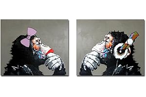 Fokenzary Peint À La Main Peinture À L'huile Sur Toile Écouter Musique Pop Gorille Couple Amant Mur Décor Encadré Prêt à Accrocher