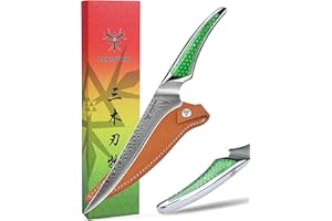 SANMUZUO Coltello per Filettare da 18CM, coltello da cucina giapponese in acciaio damasco VG-10, coltello da disosso ultra affilato con impugnatura a codolo intero in resina verde, serie LA-S9