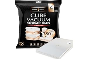 GENIE SPACE Sacs de Rangement Sous Vide - Lot de 2, Maxi 110x90x45cm | Cube Gain de Place Jumbo XXL | Sac Hermétique Réutilisable pour Vêtements, Serviettes, Rideaux, Couettes, Oreillers | Pompe Incl.