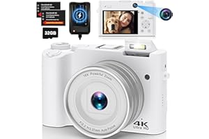 AOREGRE 4K Digitalkamera Fotokamera Dual Kamera 64 MP Autofokus Vlogging Fotokamera mit 32GB Speicherkarte, Kompaktkamera für Jugendliche und Einsteiger, Anti-Shake, 16X Digitalzoom, 2 Akkus& Ladegerät（Weiß）
