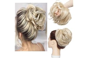 S-NOILITE Tousled Updo Messy Bun Hair Piece Hair Extension Ponytail With Elastic Rubber Band Updo Extensions Synthetic Hair Extensions Scrunchies Ponytail Hairpiece for Women Ash Blonde to Bleach Blonde