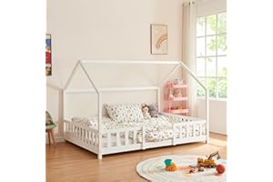 [en.casa] Letto Casetta per Cameretta Letto Piazza e Mezza per Bambini con Barriere di Protezione Struttura in Legno di Pino con Zona di Riposo 120x200 cm Bianco