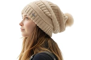 TOP-EX PolarWool™ 100% Wool Slouch Beanie Hats for Women - Ladies Wooly Winter Hat with Chic Fur Bobble, Satin or Fleece Lining