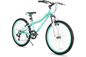 HH HILAND HILAND 24 Inch Kids Mountain Bike, 7 Speed Youth MTB Bicycle, Mountain Bicycle for Boys Girls, Suspension Fork V-brakes, Black/Blue/Mint Green/Pink