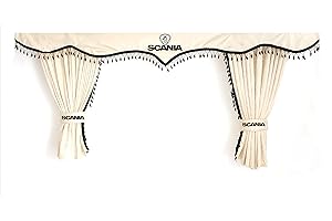 PERFLEX Juego completo de cortinas de dormitorio para camión con pompones negros y ganchos. Con logotipo de SCANIA BEIGE.