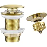 WOMAO Golden Pop Up Sink Plug Without Overflow, Brass Drain Basin with Strainer Basket, Click-Clack Pop-Up Drain Valve Univer
