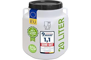 plasteo® Weithalsfass mit Schraubdeckel und Henkeln Spannring Futtertonne Kunststofffass Universalfass Deckelfass Lebensmittelecht Wasserfass Regentonne Lagerfass (20 Liter Natur Eckig)