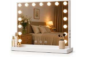 Teousev Sminkspegel med belysning, 60 x 52 cm Hollywood-spegel med 17 LED-lampor, dimbar sminkspegel för makeup
