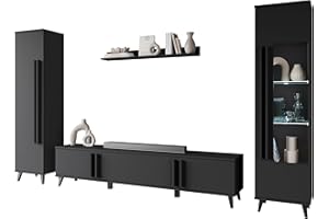 Mirjan24 Wohnzimmer-Set Hailea II, Wohnzimmerschrank, Schrankwand, im Set: Regal, Vitrine, Wandregal, TV-Lowboard (Schwarzer Graphit, mit weißer LED Beleuchtung)