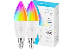 UPXNBOR E14 Smart Bulb, Alexa Light Bulb 4.5W, WiFi Smart Candle Bulb, RGB Dimmable with 16 Million Colours, Works with Alexa & Google Assistant, Timer & Schedule, Energy Saving, 2.4GHz Only, 2 Pack