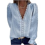 Dawwoti delle Donne Scollo A V A Maniche Lunghe Camicie di Pizzo Trim Chiarore del Polsino Top Pom Casual