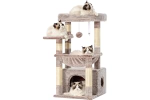 Heybly Arbre À Chat, Arbre À Chat avec Très Grand Panier pour Matou, Bois À Matou avec Lit Spacieux pour Matou Et Couchette Cachée, et Balle en Peluche, Marron Beige HCT008SMU