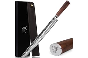 YOUSUNLONG Sakimaru Fetta definitiva Coltello da intaglio 380 mm - Lama in acciaio damasco giapponese - Adatto al taglio di tonno e salmone Manico in noce naturale con fodero in pelle