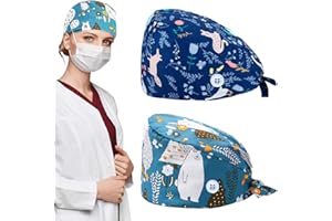 CATOR 2 Stück OP Haube damen Verstellbar mit Knopf Arbeitskappe Baumwolldruck Kranken schwesternkappe Unisex Staubhauben Kappe（Tierstil）