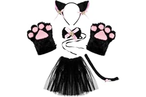 KEESIN 6-częściowy zestaw do cosplay dla dziewcząt, dorosłych, dzieci, pluszowe rękawiczki z pazurami, kocie uszy, ogon ze spódnicą tutu, uroczy, uroczy kostium imprezowy