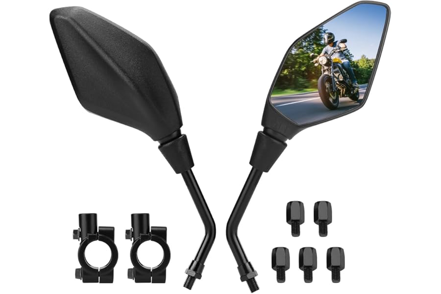 KEMIMOTO Motorbike Mirror E mark Universal 7/8 inches, Motorcycle Handlebar Mirror Rear Side Mirror with M8/M10 threaded bolt and 2 handlebar clamps fit MT07 MT09 SV650 2 Pack