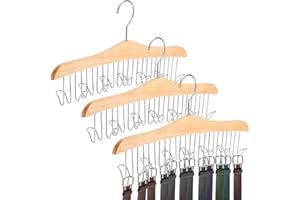 Coloch 3 Pack Wooden Tie Rack Belt Hanger with 12 Hooks, Wardrobe Tie Holder Hanging Organizer for Scarves, Accessories, Men and Women, Closet Storage, 17x2.5x7.3 Inch
