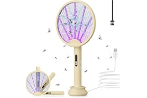 OKYUK 3-in-1 Elektrische Fliegenklatsche Faltbare, 3500V Extra Stark Elektrische Fliegenfänger, Insektenvernichter UV Mückenlampe, Abnehmbarer Ladebasis, für Mücken, Fliegen, Motten, mit Bürste (Gelb)